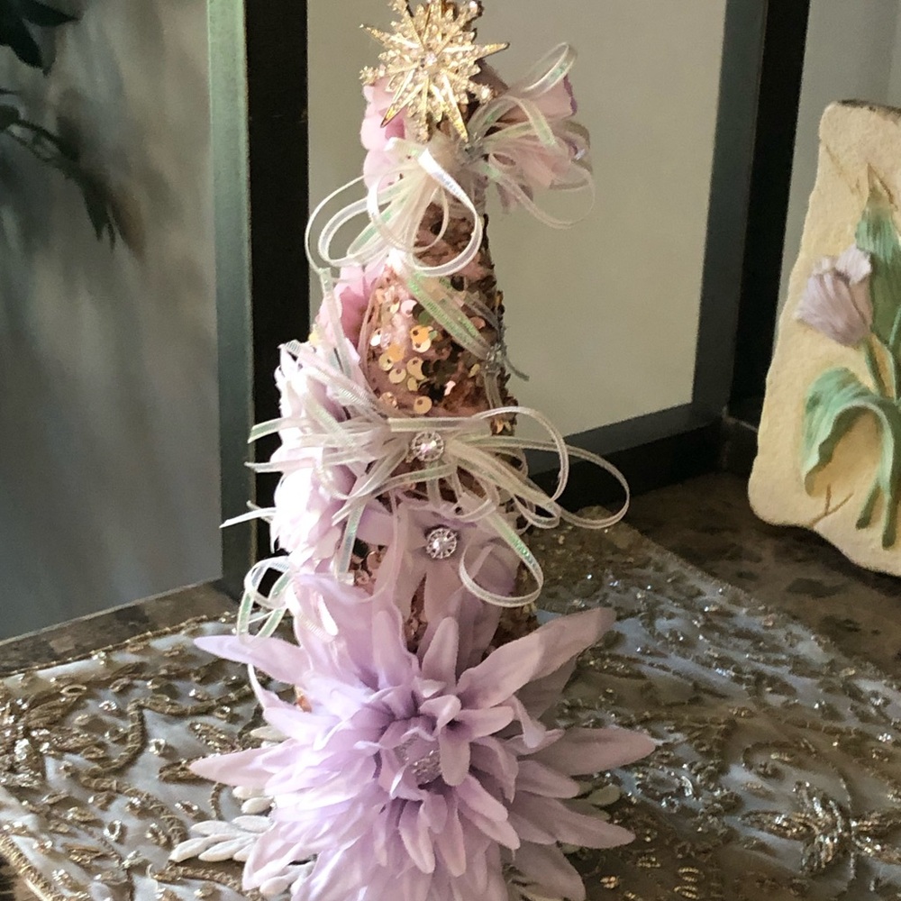 Pink Sequined Decorative Tree with silk flowers